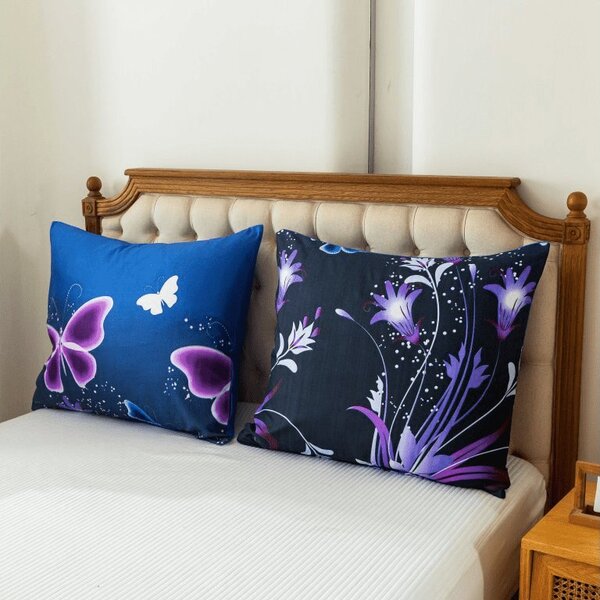 Sada mikroplyšových obliečok VIOLET BUTTERFLY tmavomodré + plachta mikroplyš SOFT 180x200 cm biela, dvojlôžko