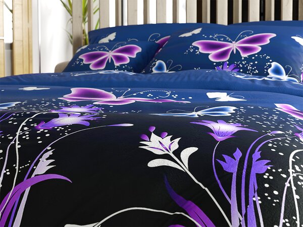 Sada mikroplyšových obliečok VIOLET BUTTERFLY tmavomodré + plachta mikroplyš SOFT 180x200 cm biela, dvojlôžko