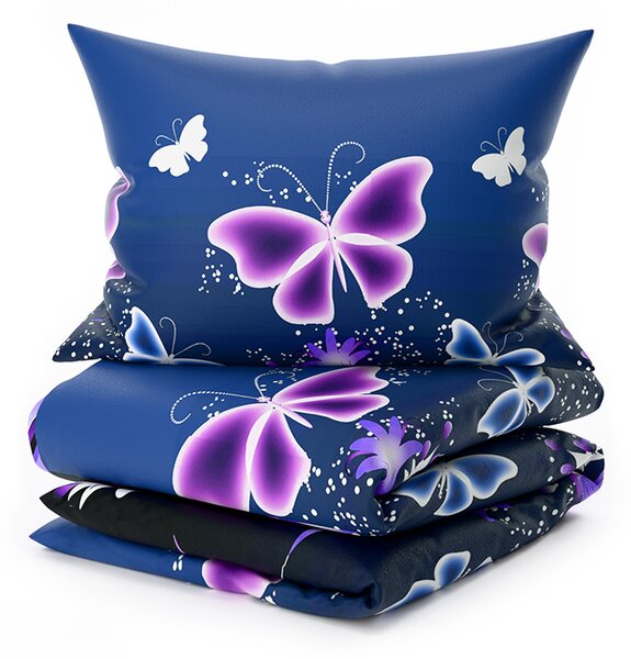 Sada mikroplyšových obliečok VIOLET BUTTERFLY tmavomodré + plachta mikroplyš SOFT 180x200 cm biela, dvojlôžko