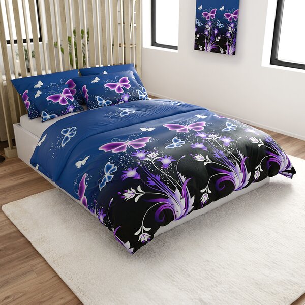 Sada mikroplyšových obliečok VIOLET BUTTERFLY tmavomodré + plachta mikroplyš SOFT 180x200 cm biela, dvojlôžko