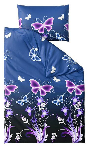 Sada mikroplyšových obliečok VIOLET BUTTERFLY tmavomodré + plachta mikroplyš SOFT 180x200 cm biela, dvojlôžko