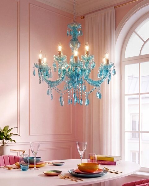 Luster modrý priehľadný krištáľový 6 žiaroviek moderný glamour štýl obývačka jedáleň spálňa