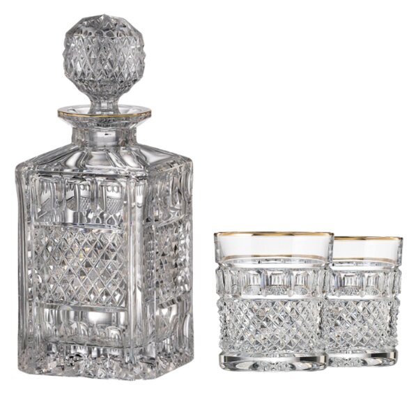 Bohemia Crystal ručne brúsený whisky set Felicie Line Gold (1 karafa + 2 whisky poháre)
