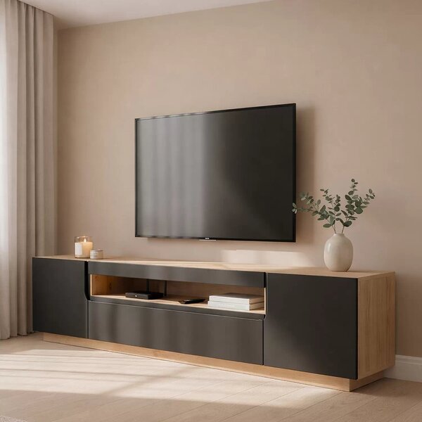 TV stolík Loftia 200 cm s otvorenou policou - dub artisan / čierny mat