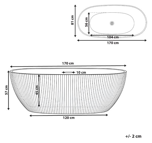 Voľne stojaca vaňa biela matná akrylátová 170 x 81 cm drážkovaná povrchová úprava oválna moderný štýl kúpeľňa