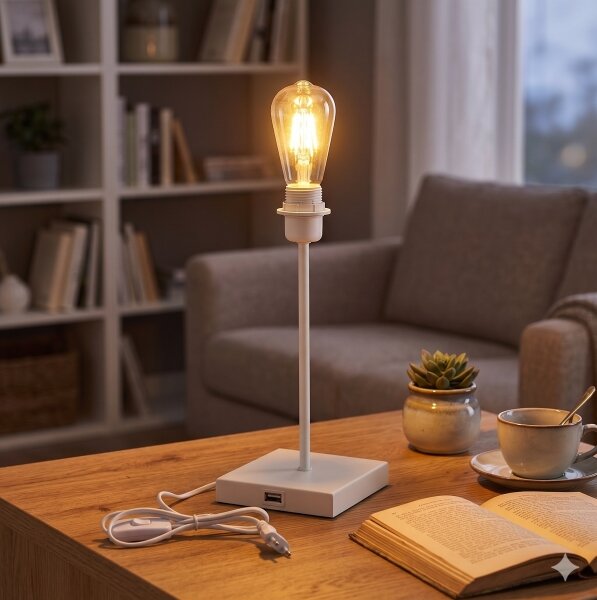 Biela stolná lampa s USB portom 1xE27/15W/230V