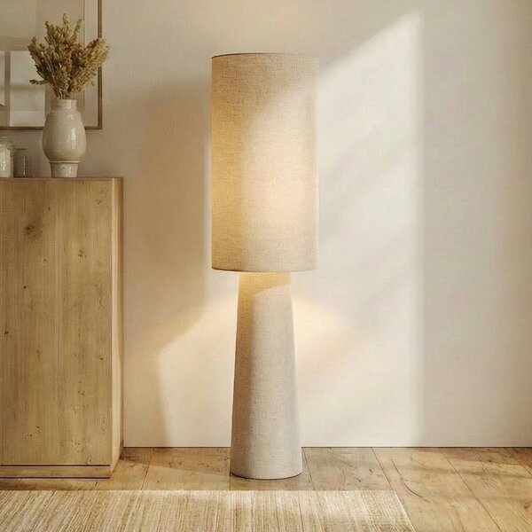 Stojacia lampa Lindby Elfie, výška 124 cm, béžová, ľan, 2x E27, Krémová / jantárovo žltá, Obývacia izba / jedáleň, Textil / látka / hodváb, Škandinávsky, Stojaca lampa