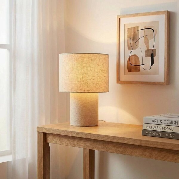 Lindby stolová lampa Elfie, Ø 23 cm, béžová, ľan, E27, Krémová / jantárovo žltá, Obývacia izba / jedáleň, Textil / látka / hodváb, Škandinávsky, Stojacie svietidlo