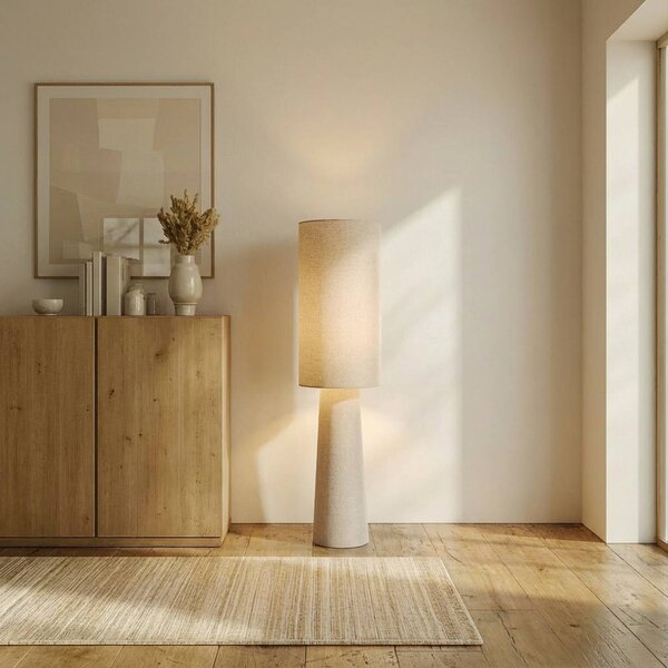 Stojacia lampa Lindby Elfie, výška 124 cm, béžová, ľan, 2x E27, Krémová / jantárovo žltá, Obývacia izba / jedáleň, Textil / látka / hodváb, Škandinávsky, Stojaca lampa