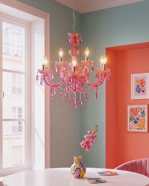 Luster ružový priehľadný krištáľový 6 žiaroviek moderný glamour štýl obývačka jedáleň spálňa