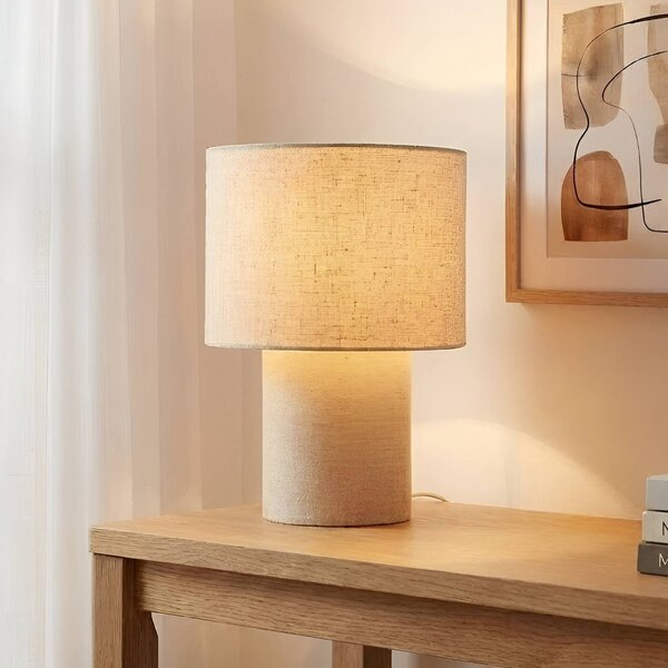 Lindby stolová lampa Elfie, Ø 23 cm, béžová, ľan, E27, Krémová / jantárovo žltá, Obývacia izba / jedáleň, Textil / látka / hodváb, Škandinávsky, Stojacie svietidlo