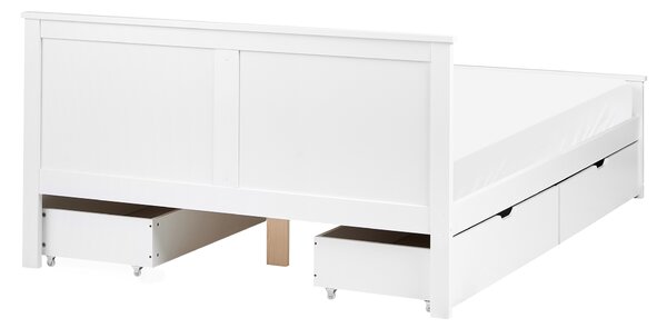 Posteľ biela borovicové drevo MDF 140 x 200 cm s čelom a úložnými zásuvkami minimalistický škandinávsky štýl spálňa detská izba