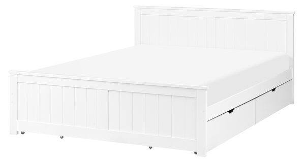 Posteľ biela borovicové drevo MDF 140 x 200 cm s čelom a úložnými zásuvkami minimalistický škandinávsky štýl spálňa detská izba