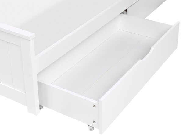 Posteľ biela borovicové drevo MDF 180 x 200 cm s čelom a úložnými zásuvkami minimalistický škandinávsky štýl spálňa detská izba