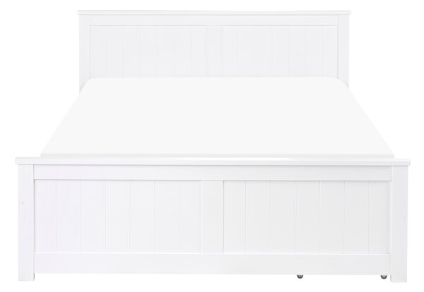 Posteľ biela borovicové drevo MDF 140 x 200 cm s čelom a úložnými zásuvkami minimalistický škandinávsky štýl spálňa detská izba
