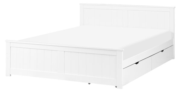 Posteľ biela borovicové drevo MDF 140 x 200 cm s čelom a úložnými zásuvkami minimalistický škandinávsky štýl spálňa detská izba