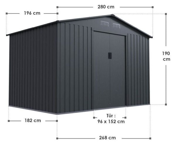Kovový záhradný domček s posuvnými dverami 280 x 196 x 190 c