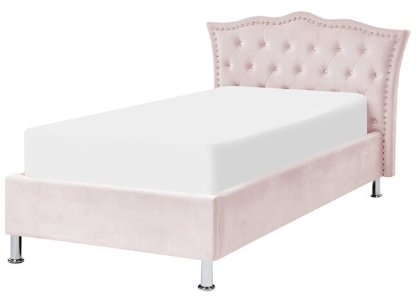 Posteľ ružová zamatové čalúnenie 90 x 200 cm s úložným priestorom prešívané čelo s gombíkmi moderný glamour štýl spálňa