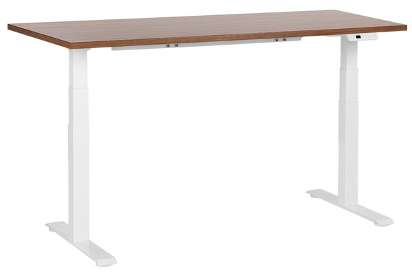 Výškovo nastaviteľný písací stôl tmavé drevo biely oceľový rám 160 x 72 cm elektrické nastavenie výšky moderná kancelária