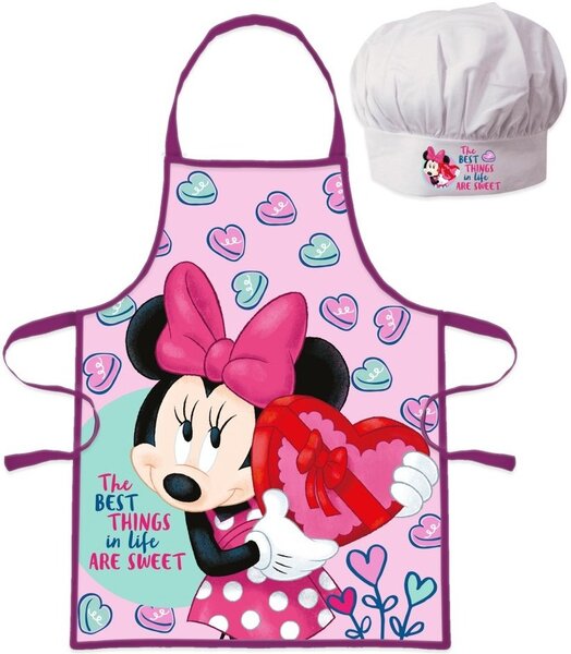 Dievčenská zástera s kuchárskou čiapkou Minnie Mouse s bonboniérou