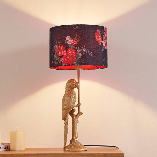 Lindby stolová lampa Marula, zlatá, kvetinový vzor, textil, E27, Mosadz / zlato, Obývacia izba / jedáleň, Textil / látka / hodváb, Moderný, Stojacie svietidlo