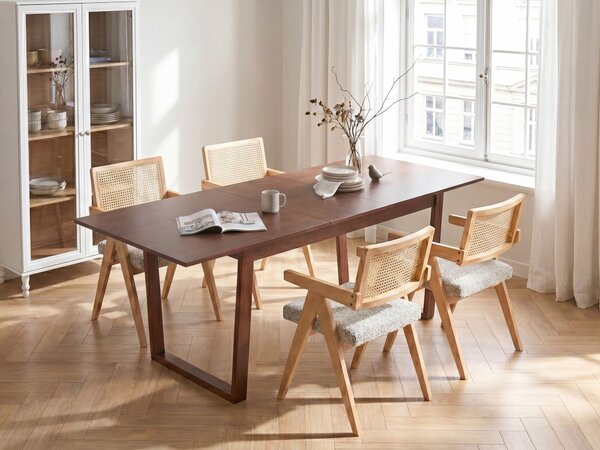 Rozkladací jedálenský stôl tmavý jaseň MDF 160/200 x 95 cm jaseňová dyhovaná vrchná doska moderný dizajn panelový podstavec