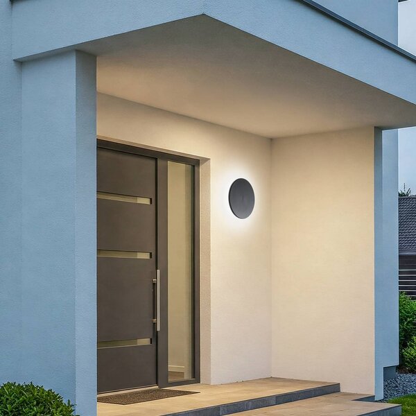 LED nástenné svetlo Disk, Ø 25 cm, čierne, plast, IP65,, Čierna, Plast, Moderný, Nástenné svietidlo