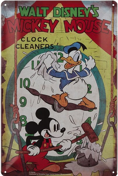 Ceduľa Walt Disneys Mickey Mouse Clock Cleaners ceduľa 30cm x 20cm Plechová tabuľa