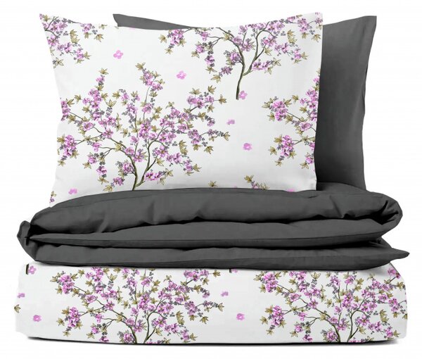 Ervi bavlnené obliečky DUO - kvitnúce ružový strom/šedý