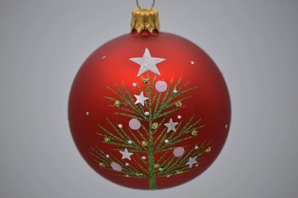 Vianočná guľka červená so stromčekom a hviezdičkou 7 cm