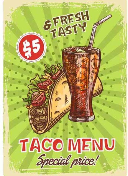 Ceduľa Restaurant Menu - Taco Vintage style 30cm x 20cm Plechová tabuľa