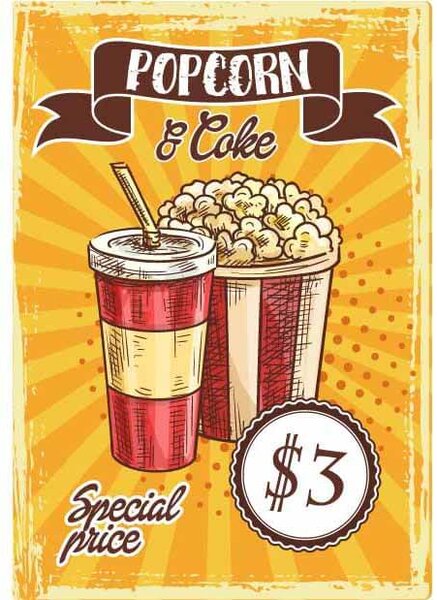 Ceduľa Restaurant Menu - Popcorn & Coke Vintage style 30cm x 20cm Plechová tabuľa