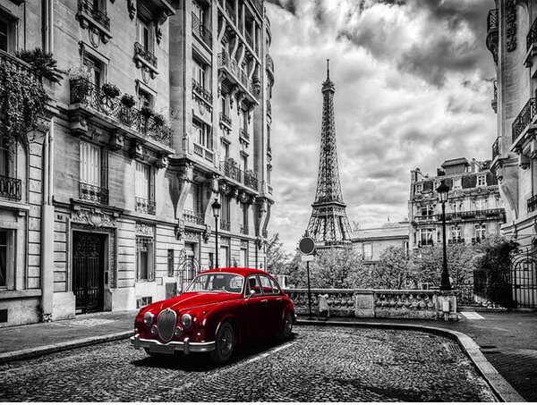 Ceduľa Paríž - Red Car Vintage style 30cm x 20cm Plechová tabuľa