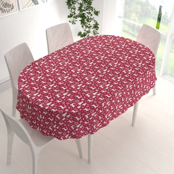 Biante Zamatový oválny obrus Tamara TMR-045 Vianočné jelene a stromčeky na červenom 50x100 cm
