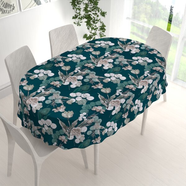 Biante Teflónový oválny obrus TF-058 Kvety s eukalyptom na tmavo zelenom 60x100 cm