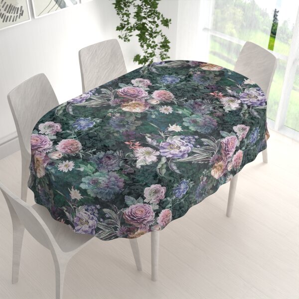 Biante Dekoračný oválny obrus BM-010 Veľké fialové kvety na tmavo zelenom 120x180 cm