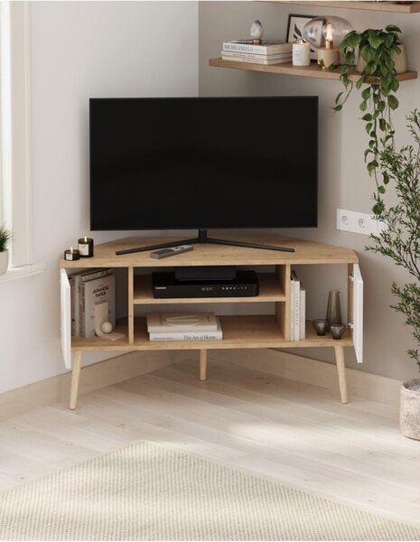 CYPRUS rohový TV stolík, biela/dub zafírový