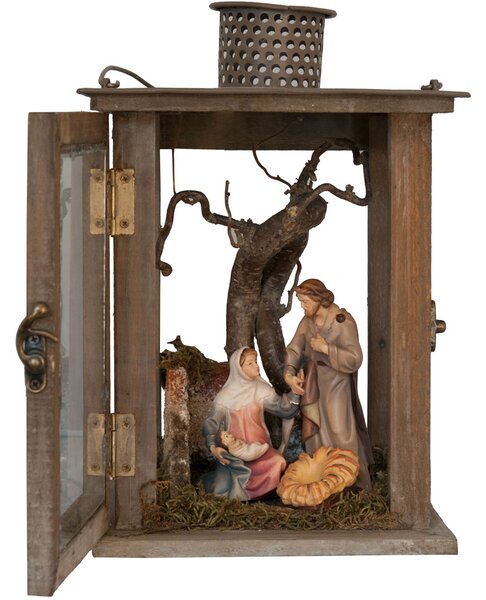 Drevený lampáš s jasličkami a Svätou rodinou S 13cm