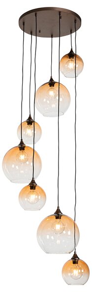 Hanglamp brons met amber glas rond 7-lichts - Sandra
