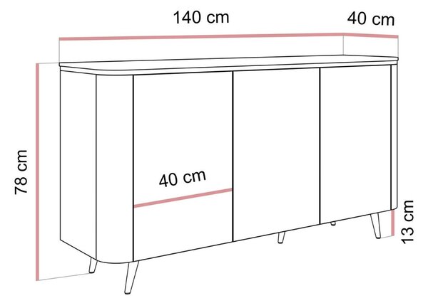 KOMODA JULIEN 3 KAŠMÍR + ZLATÁ LED 140 cm