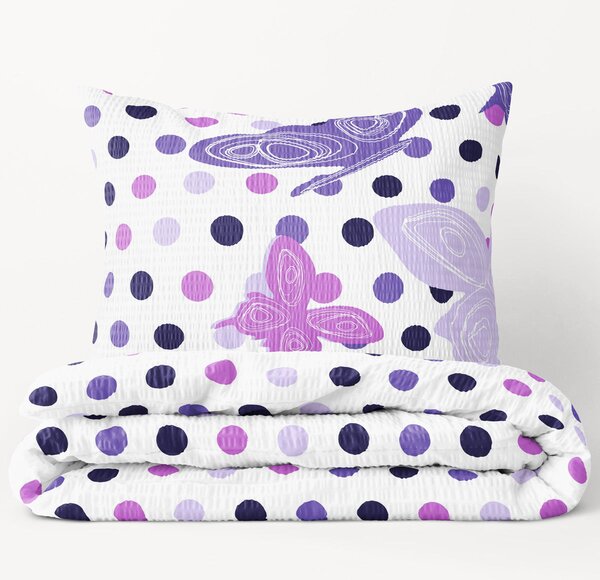 Goldea krepové posteľné obliečky - fialovejú motýle s bodkami 140 x 200 a 70 x 90 cm