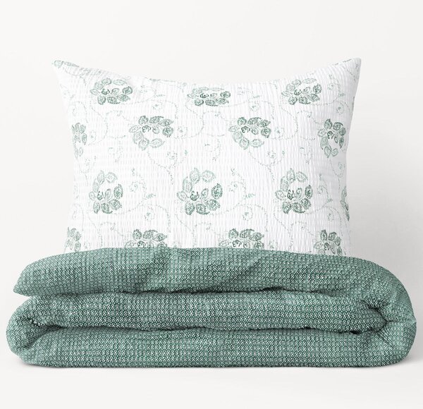 Goldea krepové posteľné obliečky - vzor 952 tmavo zelené kvetované ornamenty s geometrickými tvarmi 140 x 200 a 70 x 90 cm
