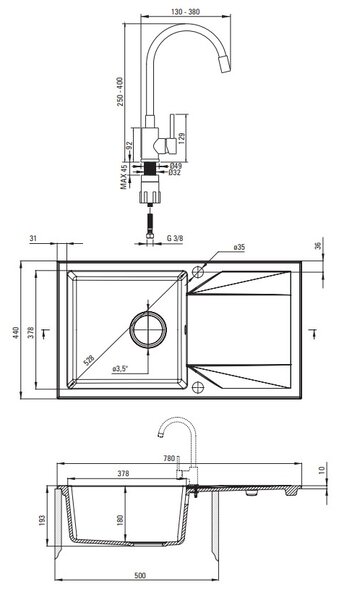Deante Evora, 1-komorový granitový drez s odkvapkávačom 780x440x193 mm a kuchynská batéria Luno s flexibilným ramenom, čierna, DEA-ZQJJN113