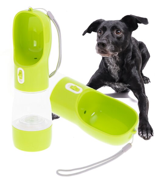 Prenosná fľaša s dávkovačom vody a krmiva pre psov zelená