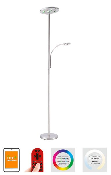 LOLA Smart LED stojacia lampa osvetľujúca strop LOLAsmart Rocco s čitateľským ramenom, Hliník / sivá / zinok, Obývacia izba / jedáleň, kov, Moderný, Svetlo na čítanie
