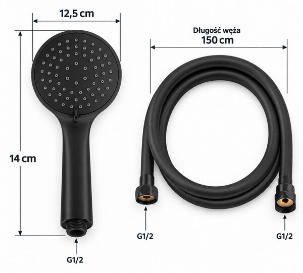 Erga Wemi, 3-funkčná ručná sprcha s hadicou 150 cm, 12,5 × 14 cm, čierna matná, ERG-YKA-BP.WEMI-BLK