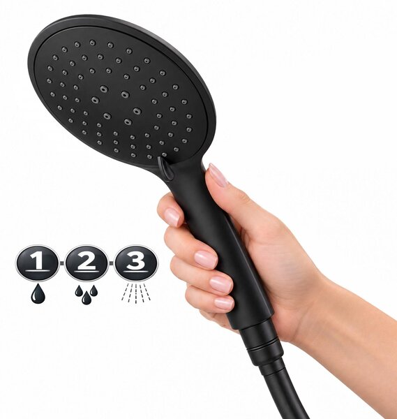 Erga Wemi, 3-funkčná ručná sprcha s hadicou 150 cm, 12,5 × 14 cm, čierna matná, ERG-YKA-BP.WEMI-BLK
