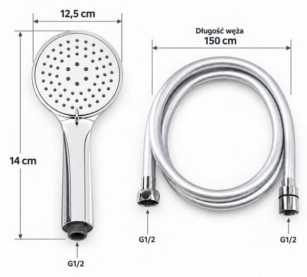 Erga Wemi, 3-funkčná ručná sprcha s hadicou 150 cm, 12,5 × 14 cm, chrómová, ERG-YKA-BP.WEMI-CHR