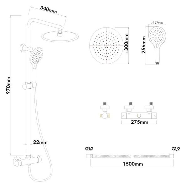 Erga Bergen, sprchový set s termostatickou batériou a dažďovou sprchou 30 cm, čierna matná, ERG-YKA-BP.BERGEN THERM 30 BLK