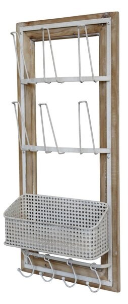 Krémová antik dreveno-kovová nástenná polička s háčikmi Old Shelf - 40*15*90 cm - Chic Antique